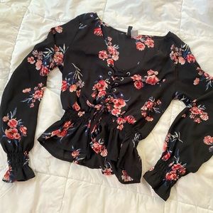 Black Floral Peasant Crop Long Sleeve